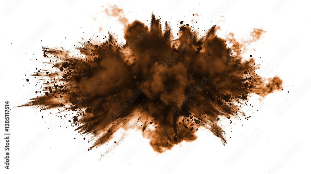 Brown powder explosion isolated on transparent background