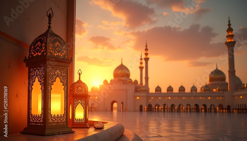 graphic background for ramadhan greeting - lantern at foreground and mosque at sunset or sunrise