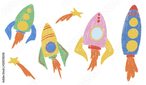 Kids chalk drawings rocket in space big set. Collection freehand child baby hand drawn scribble elements. Different colorful textured spaceship, galaxy star ship, comet. Vector illustration isolated