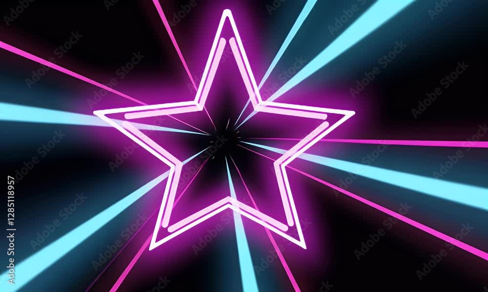 A glowing neon star shape centered in a tunnel of purple and blue light beams.