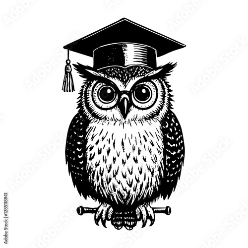 Owl wear graduation hat sketch engraving black and white outline. Scratch board imitation.  illustrated in vintage line art style on a white background.
