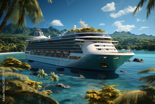 A luxury cruise ship departing from a tropical port