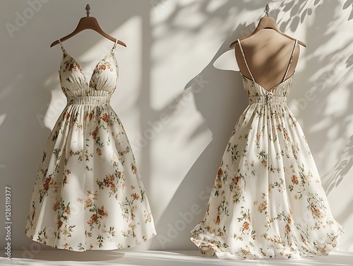 A floral dress hanging on a hanger showcasing both sides of the dress