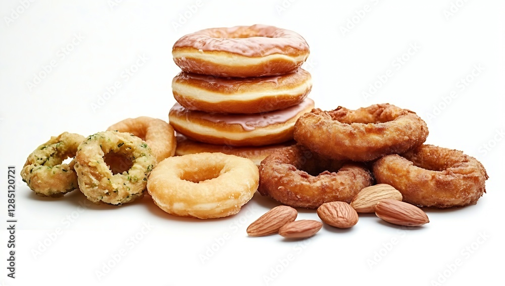 An assortment of various delectable fried snacks including onion rings and donuts with almonds on a white backdrop : Generative AI An assortment of various delectable fried snacks including onion rings and donuts with almonds on a white backdrop : Generative AI