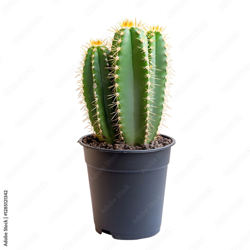 A Small Potted Cactus with Spiky Green Stems Isolated on Transparent Background A Small Potted Cactus with Spiky Green Stems Isolated on Transparent Background