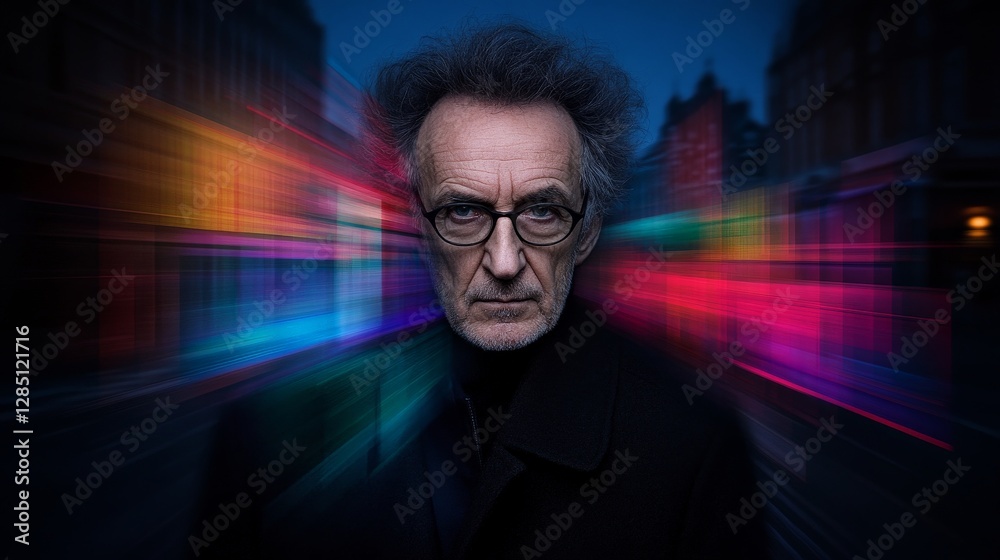 Mature Man with Glasses and Artistic Background in Urban Setting Mature Man with Glasses and Artistic Background in Urban Setting