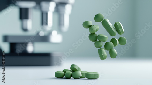 Circadian rhythm melatonin sleep cycle. Floating green pills near a microscope in a lab setting. photo