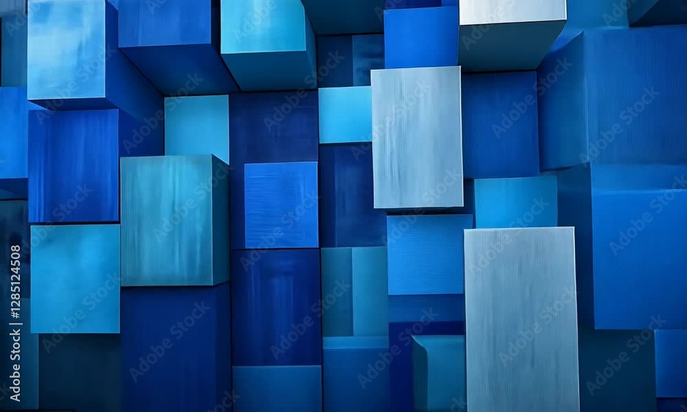 Abstract composition of blue geometric blocks creating a modern art installation in a gallery space