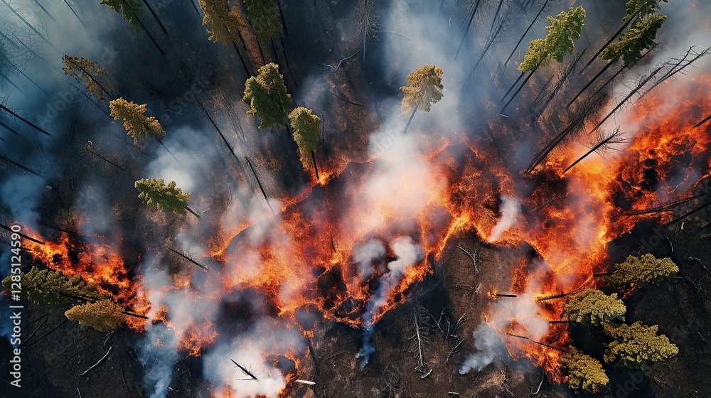 Fototapeta premium Top view of forest fire