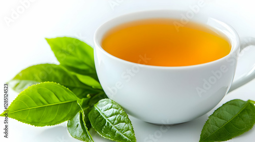 Wallpaper Mural Fresh green tea cup, leaves, white background.  Drink recipe, website, blog Torontodigital.ca