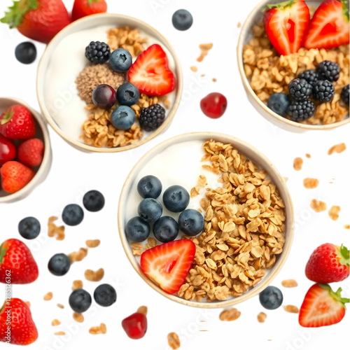 Bowls of granola with yogurt, fruits and berries isolated on the white background