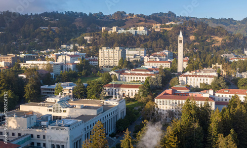 Aerial view of the University of California, Berkeley campus. Buildings, trees, and hills are visible. A beautiful, sunny day. University Of California, Berkeley, Berkeley, California, USA photo