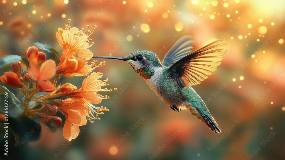 Fototapeta premium Hummingbird in mid-flight drawing nectar from a radiant blossom, digital painting