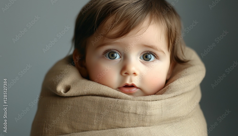 Cute Baby with Big Blue Eyes Wrapped in Soft Fabric Cute Baby with Big Blue Eyes Wrapped in Soft Fabric