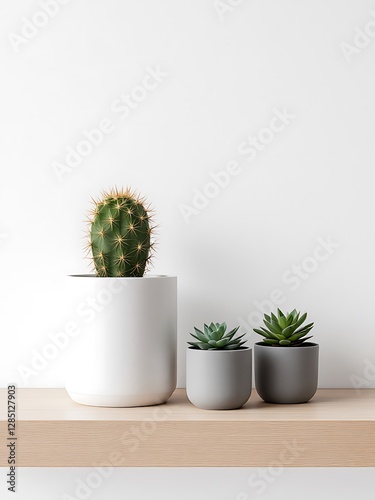 Minimalist Plant Display with Cactus and Succulents in Decorative Pots on a Wooden Shelf photo