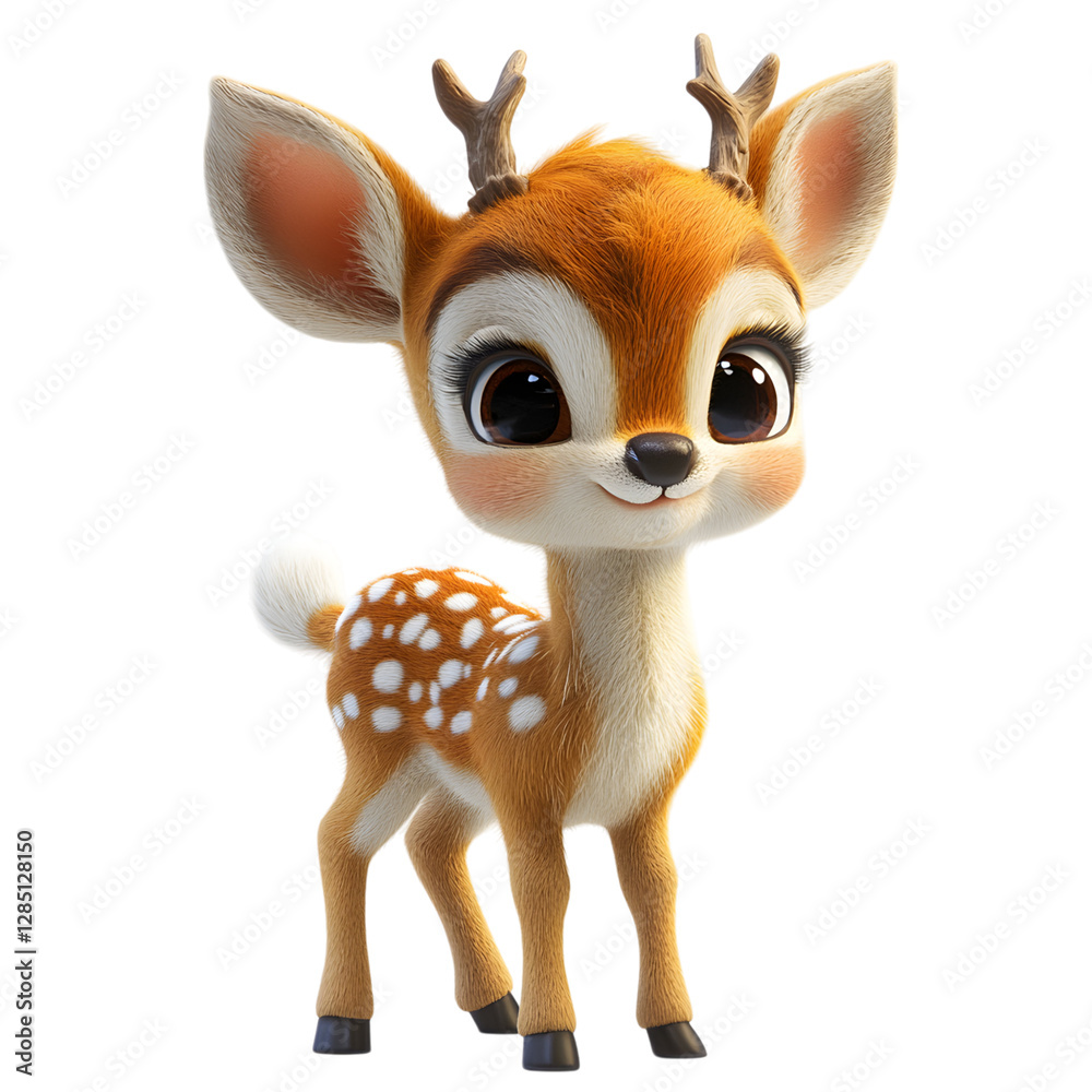 A Fluffy 3D Cartoon Deer Fawn with Soft Spotted Fur and Big Eyes Isolated on Transparent Background A Fluffy 3D Cartoon Deer Fawn with Soft Spotted Fur and Big Eyes Isolated on Transparent Background