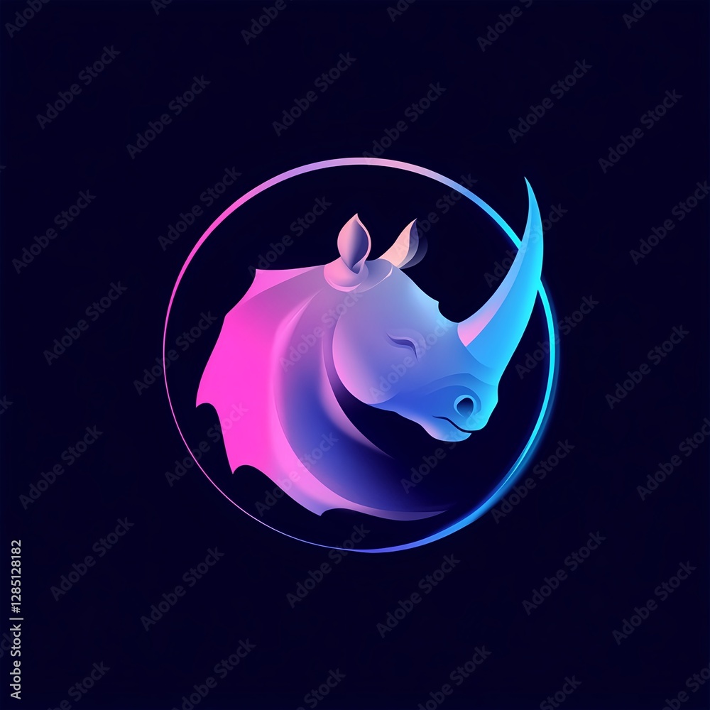 Obraz premium Cybernetic Rhino: A vibrant logo design, showcasing a majestic rhino's head in neon colors.