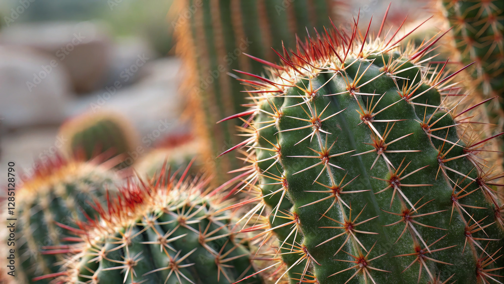 Cacti with sharp spines in desert landscape, showcasing their unique beauty Cacti with sharp spines in desert landscape, showcasing their unique beauty