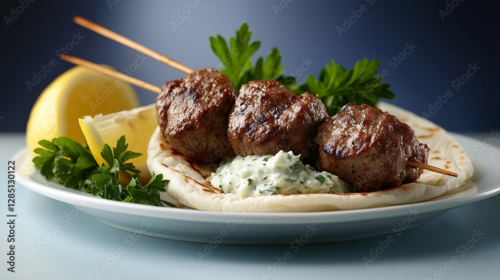 Grilled Meatballs on Skewers with Pita and Tzatziki Sauce Grilled Meatballs on Skewers with Pita and Tzatziki Sauce