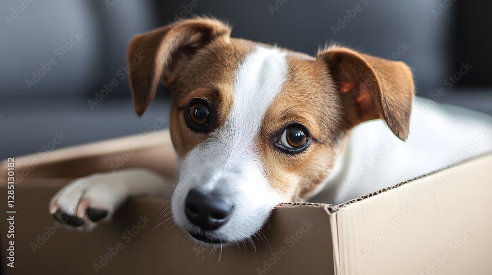 Curious jack Russel Terrier dog is looking at what's inside the cardboard box
Curious jack Russel Terrier dog is looking at what's inside the cardboard box