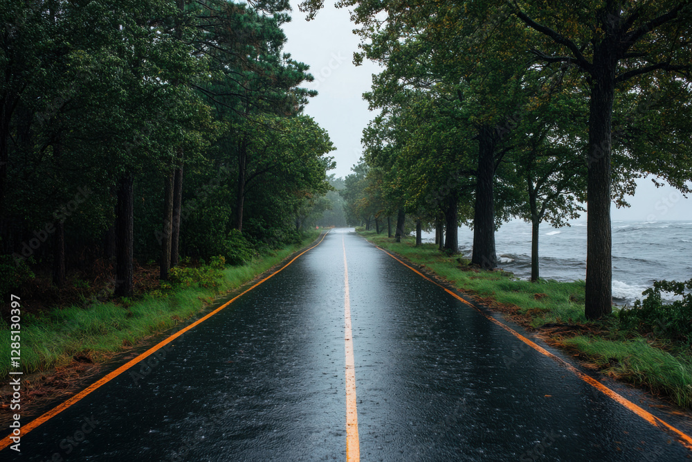 Fototapeta premium A wet road with trees in the background