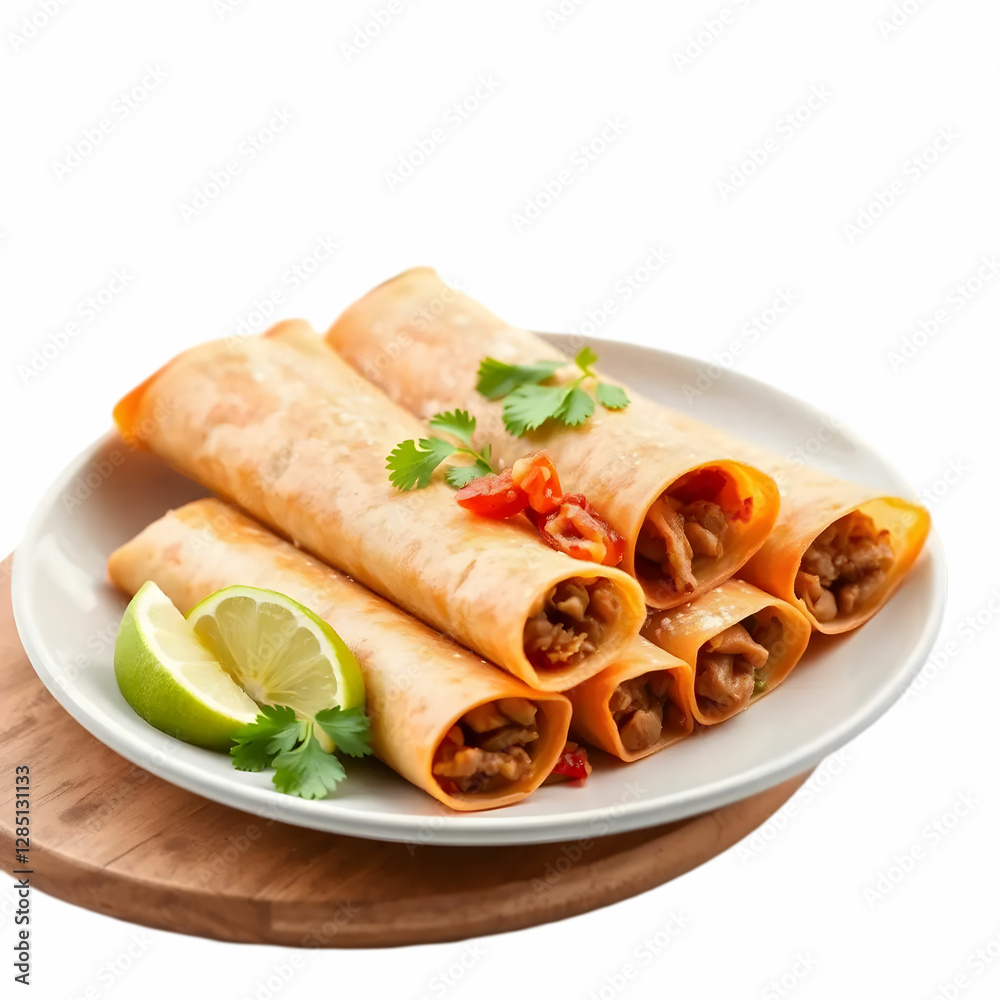 Mexican style delicious pork flautas isolated on the white background Mexican style delicious pork flautas isolated on the white background