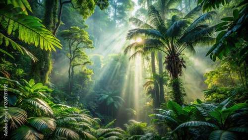 Dramatic tropical rainforest with towering trees and sunlight beams