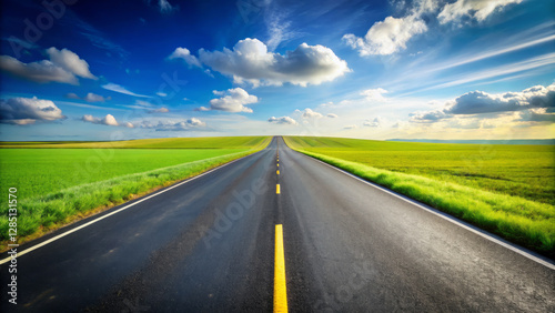 freshly paved road stretches towards horizon, surrounded by green fields and blue skies