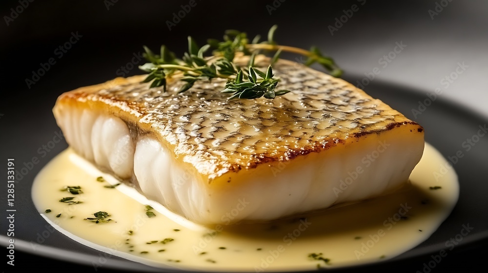 Plate of Grilled Fish with Creamy Sauce and Fresh Herbs for Elegant Dining Experience : Generative AI Plate of Grilled Fish with Creamy Sauce and Fresh Herbs for Elegant Dining Experience : Generative AI
