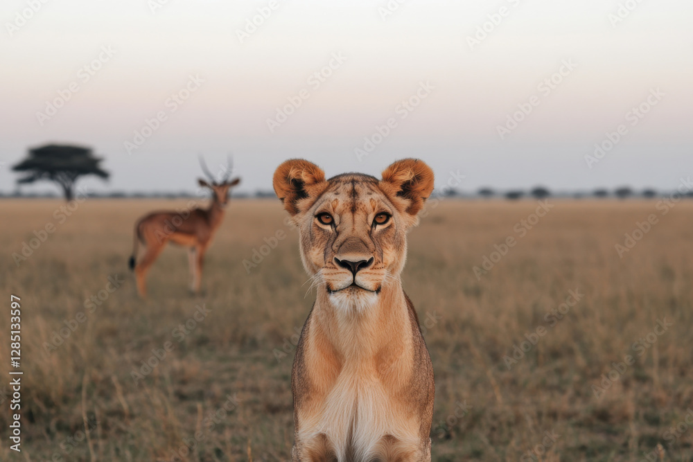 A lion is standing in a field with a deer behind it A lion is standing in a field with a deer behind it