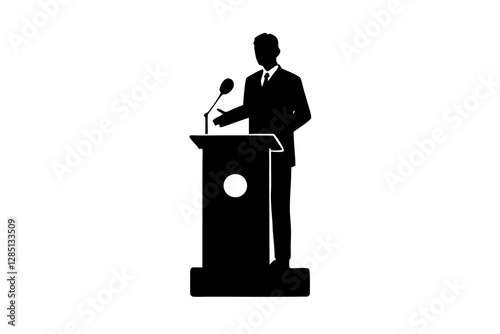 A speaker standing behind a podium silhouette on white background
