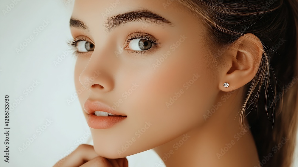 Fototapeta premium Stunning close up of a woman with expressive eyes and perfectly styled hair showcasing natural beauty in a soft light setting : Generative AI