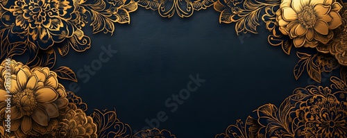 Elegant golden floral arrangement frames a dark navy blue space