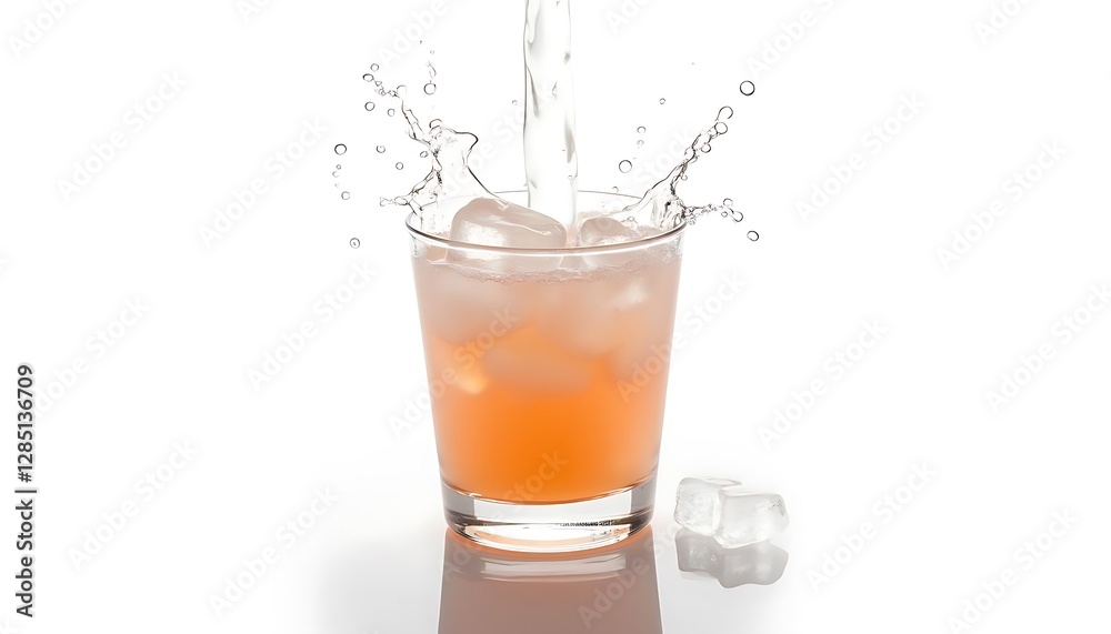 Refreshing Drink Splashing Ice Cubes in Glass Beverage Refreshing Drink Splashing Ice Cubes in Glass Beverage
