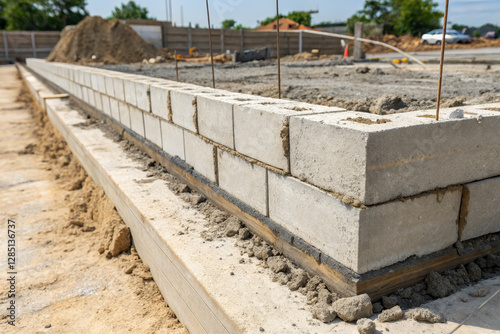 Construction site with concrete block foundation and gravel