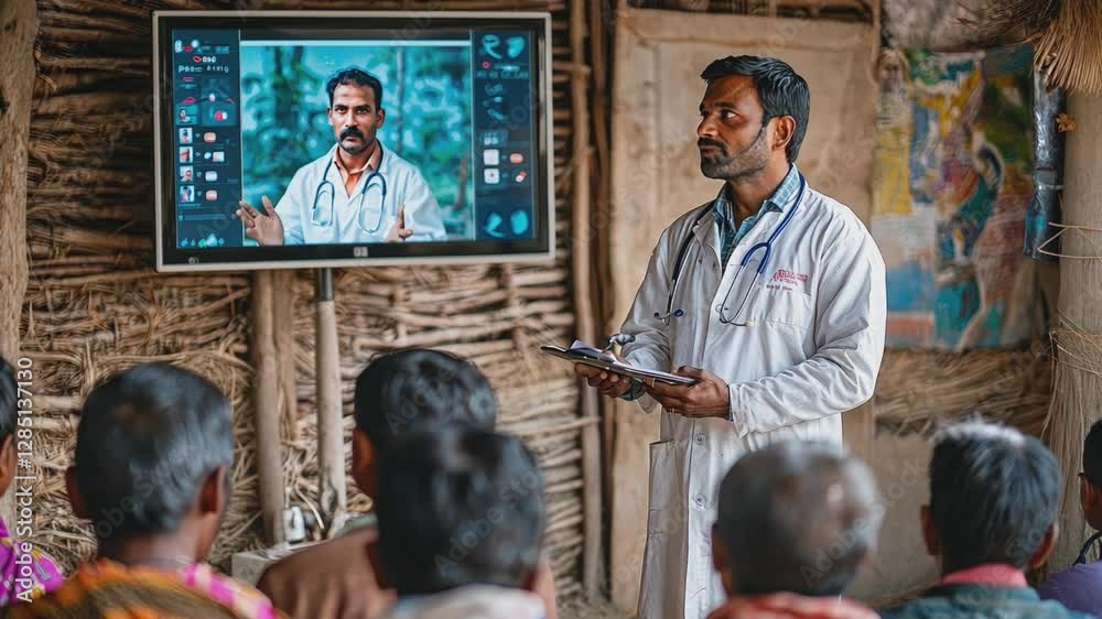 Empowering healthcare: A community in a rural setting receives medical guidance via a screen from a doctor and a doctor is standing in front of the community giving advice in person. Empowering healthcare: A community in a rural setting receives medical guidance via a screen from a doctor and a doctor is standing in front of the community giving advice in person.