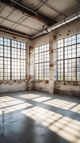 Spacious industrial loft with large grid windows, exposed brick walls, and raw concrete flooring, bathed in natural sunlight, offering a modern and minimalist aesthetic


