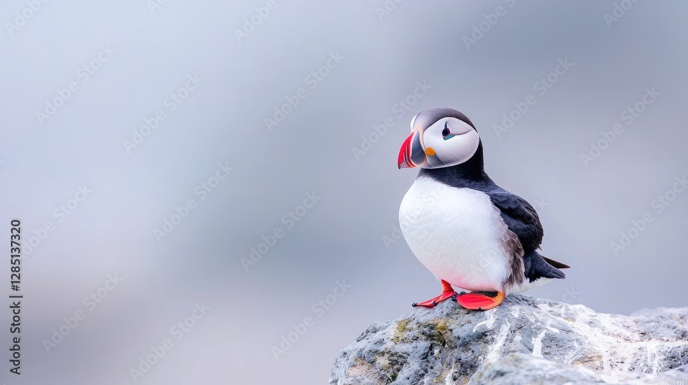 Obraz premium Atlantic puffin perched on rock, ocean background, wildlife photography, nature