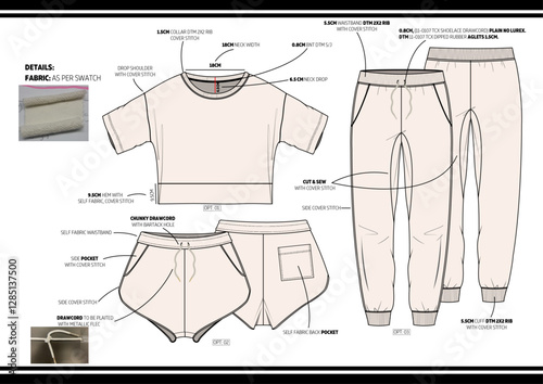 Women Nightwear Drop Shoulder Crop T-shirt with Shorts and Jogger Technical Fashion Sketch Tech Pack. 