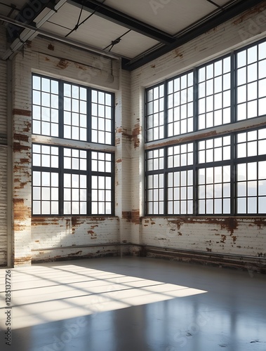 Spacious industrial loft with large grid windows, exposed brick walls, and raw concrete flooring, bathed in natural sunlight, offering a modern and minimalist aesthetic

