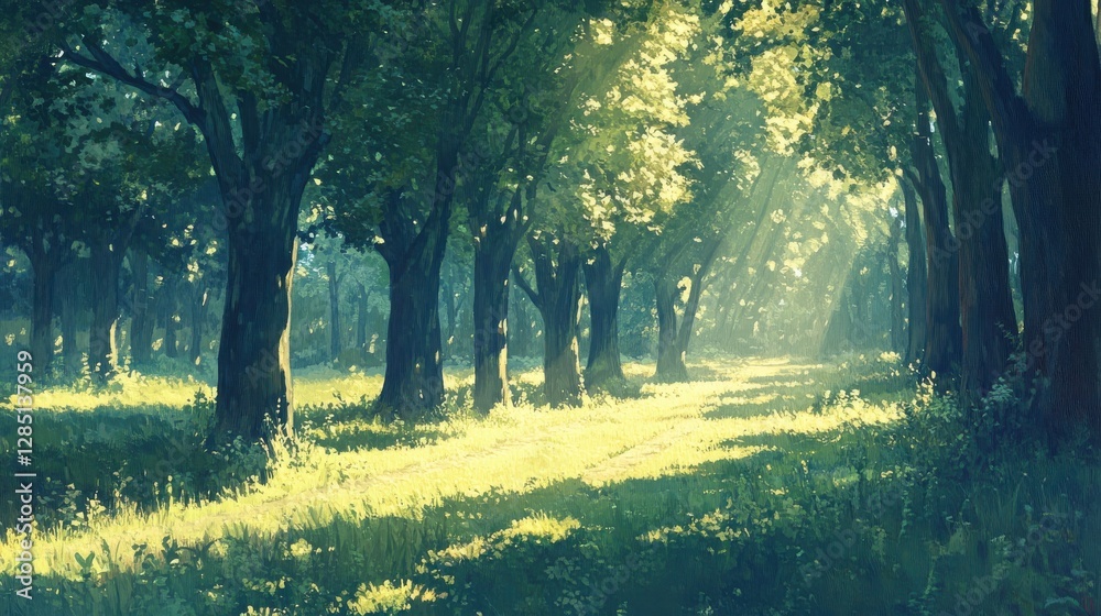 Naklejka premium Serene Sunlit Forest Path with Lush Green Foliage and Gentle Light Streaming Through Trees