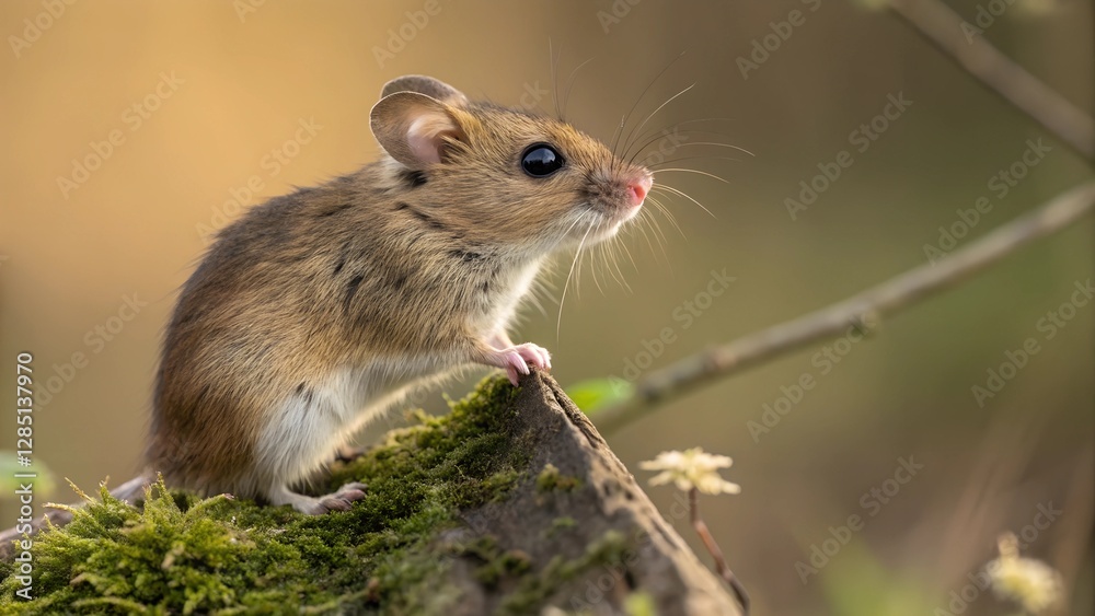 Mouse on a Mossy Log: A charming field mouse perched atop a moss-covered log in a serene natural setting, its alert gaze capturing the essence of woodland wildlife. Mouse on a Mossy Log: A charming field mouse perched atop a moss-covered log in a serene natural setting, its alert gaze capturing the essence of woodland wildlife.