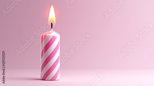 Festive Celebration Single Striped Candle Lit Against Soft Pink Background Warmth and Happiness Image Design Element