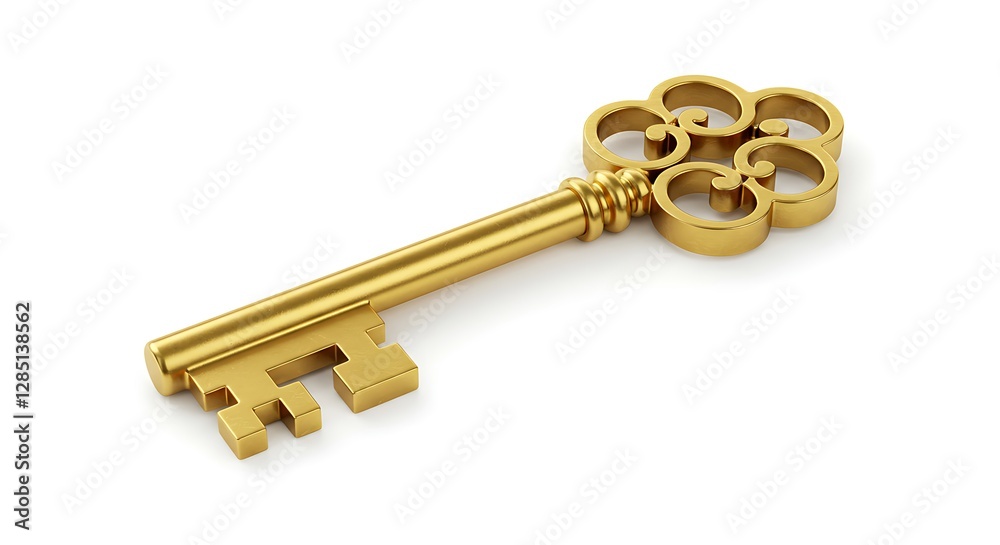 Golden Key Isolated on White Background 3D Rendered Antique Style Golden Key Isolated on White Background 3D Rendered Antique Style