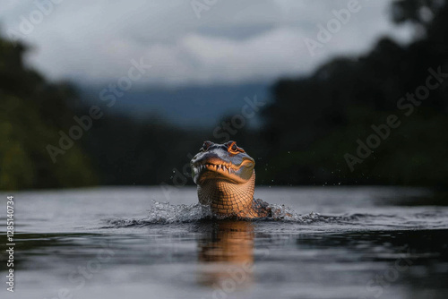 A crocodile is swimming in a river