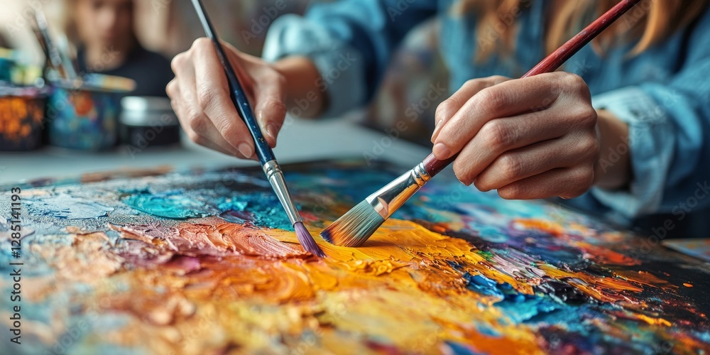 Obraz premium Artist mixing oil colors on palette with paintbrush in art studio
