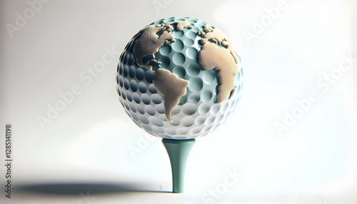 Golf Abstract conceptual artwork of a golf ball on a tee, but the ball is replaced with a miniature globe3