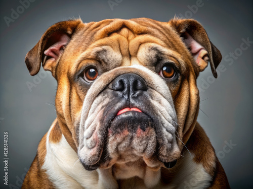Fierce looking bulldog with wrinkled skin and lopsided tongue