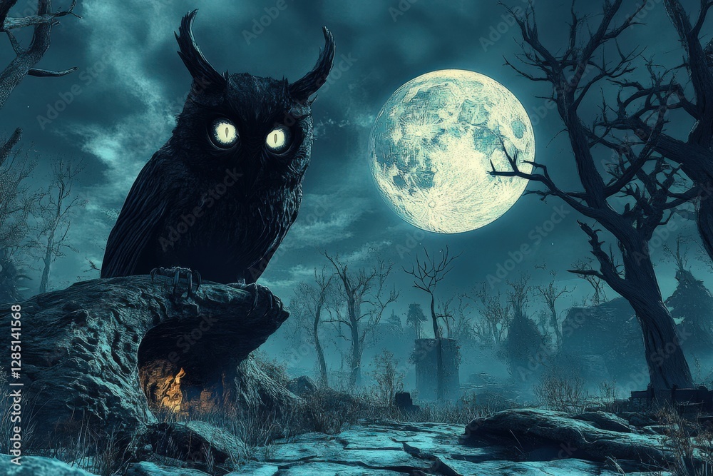 Fototapeta premium A Mysterious Night Scene Featuring a Giant Owl with Glowing Eyes Beneath a Full Moon, Surrounded by Eerie Trees and a Shadowy Landscape