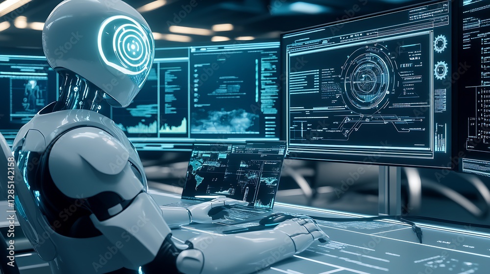 Fototapeta premium Cutting-edge robotics interface designed for comprehensive data management on multiple digital screens : Generative AI